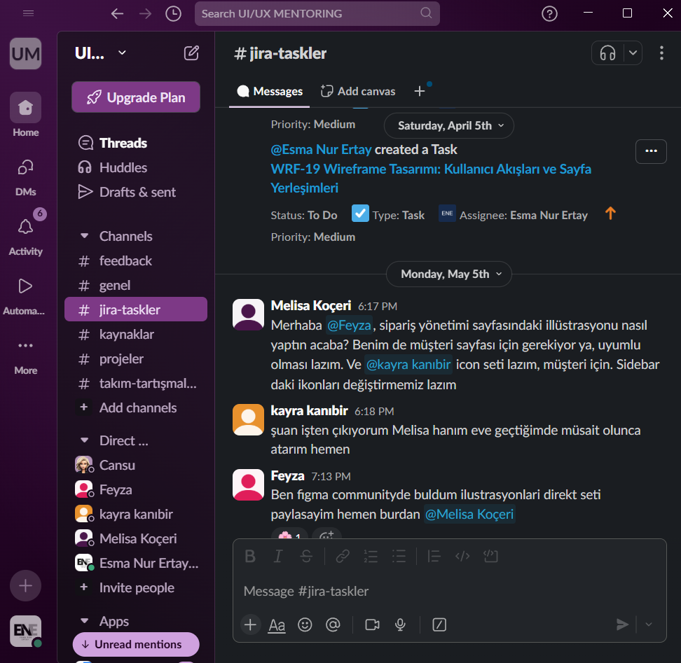 Slack kanalında tasarımcıların projeleri üzerine geri bildirimleri, tartışmaları ve kaynak paylaşımı